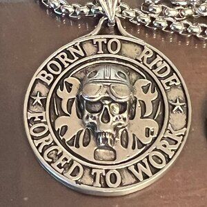 1.5" BORN TO RIDE FORCED TO WORK Motorcycle Pendant Necklace (206)
